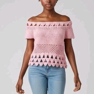 Off-The-Shoulder Top Women Medium Crochet Handmade Knit Scalloped Trim Bohemian